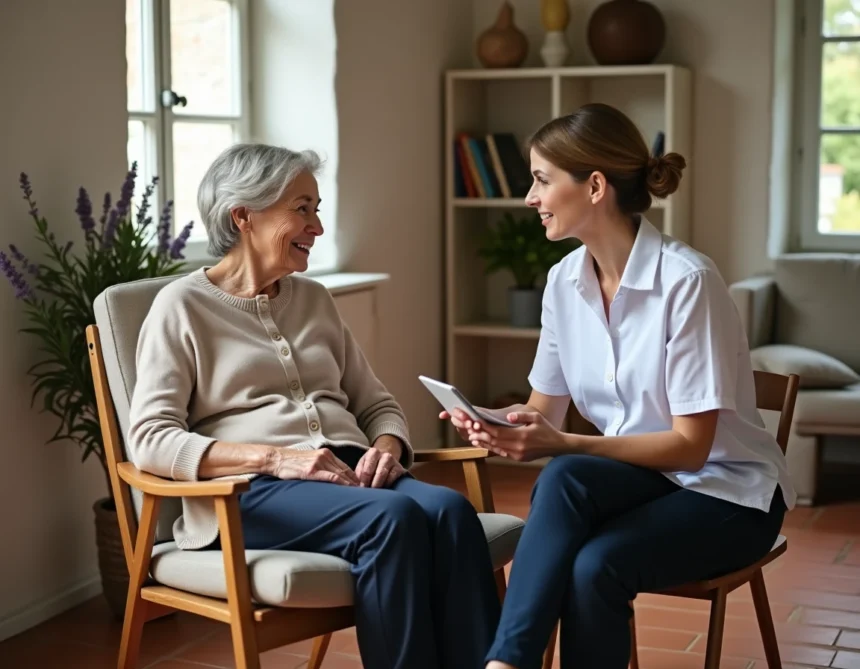 Une aide à domicile accompagne une personne âgée à Nîmes dans son salon, illustrant le service Ensemble-senior.fr