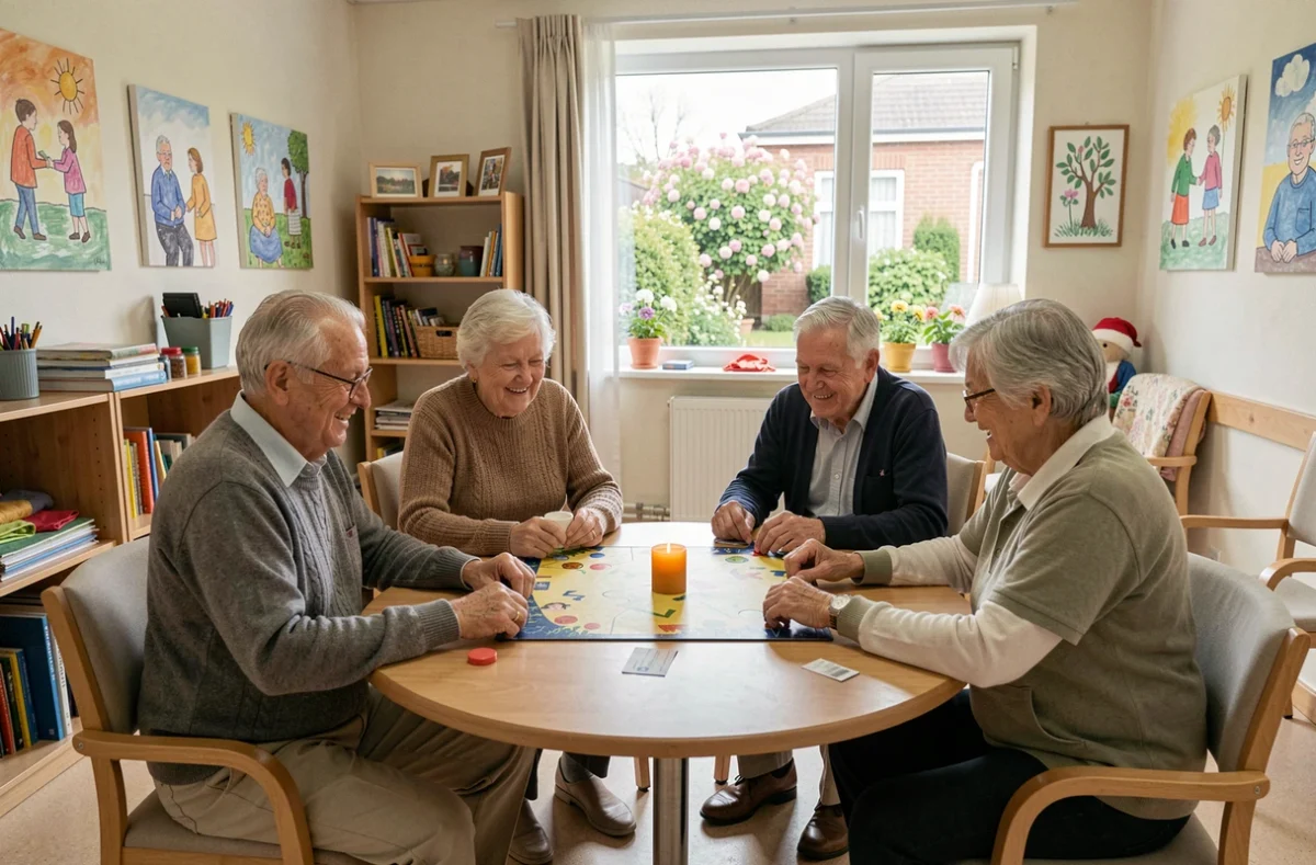 Groupe de résidents seniors jouant ensemble dans la salle d'activités d'un EHPAD