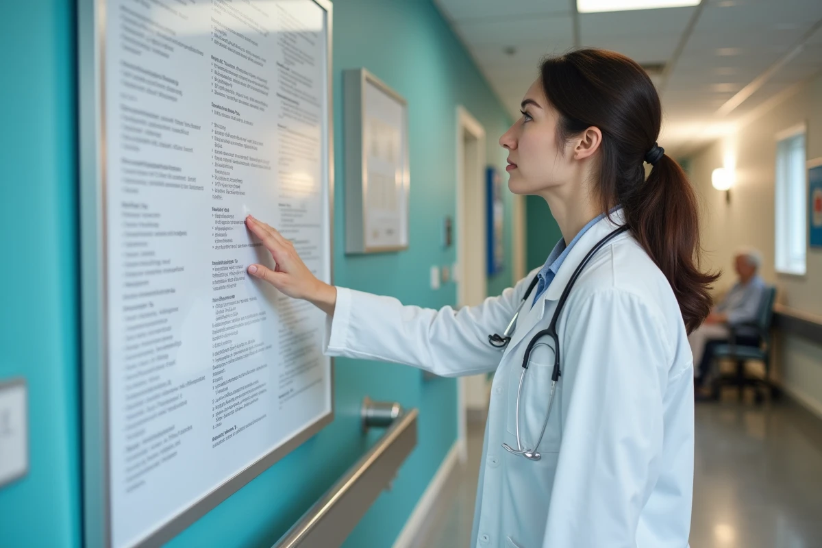 Une coordinatrice de soins consultant l'affichage obligatoire de la charte des droits et libertés de la personne âgée dans un couloir d'EHPAD