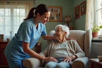 Aide à domicile ADMR accompagnant une personne âgée à son domicile, illustrant les services et le tarif horaire ADMR en 2026