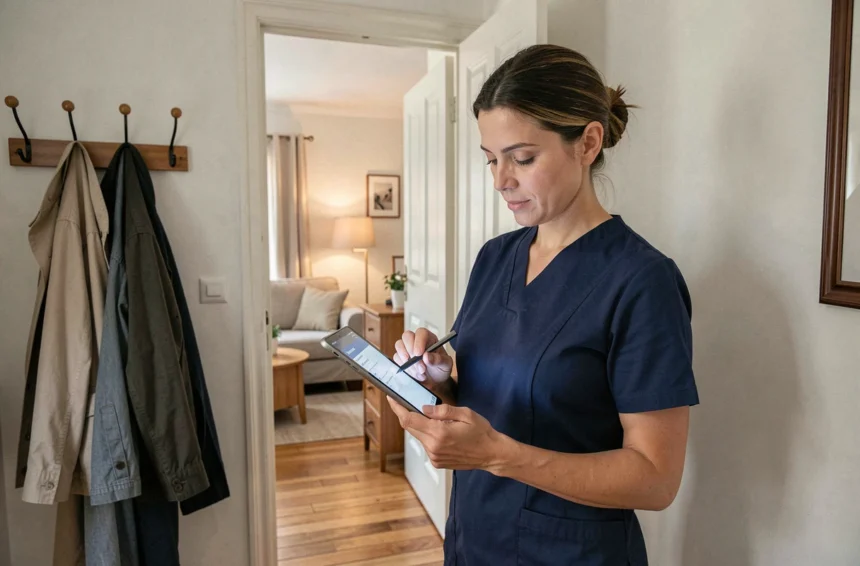 Aide à domicile professionnelle consultant une tablette numérique avec une grille d'évaluation de la qualité de service dans un appartement français
