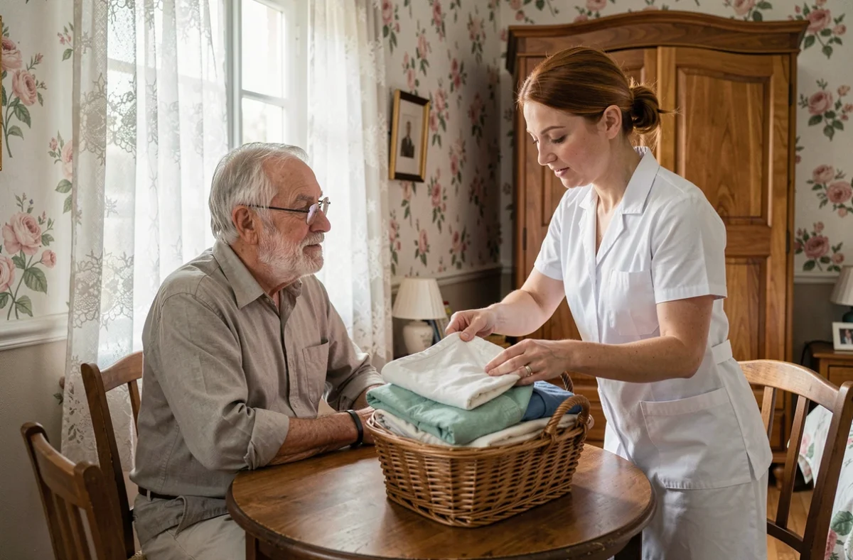 Aide à domicile pliant le linge d'un senior dans sa chambre