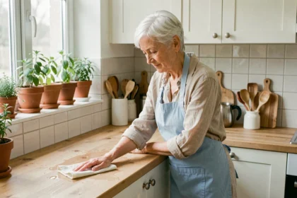 Aide à domicile senior effectuant le ménage dans une cuisine moderne