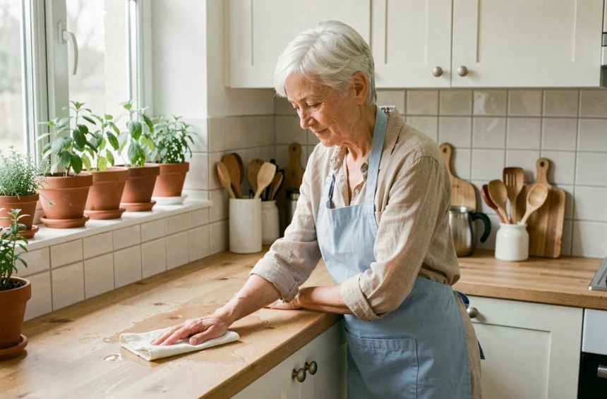Aide à domicile senior effectuant le ménage dans une cuisine moderne