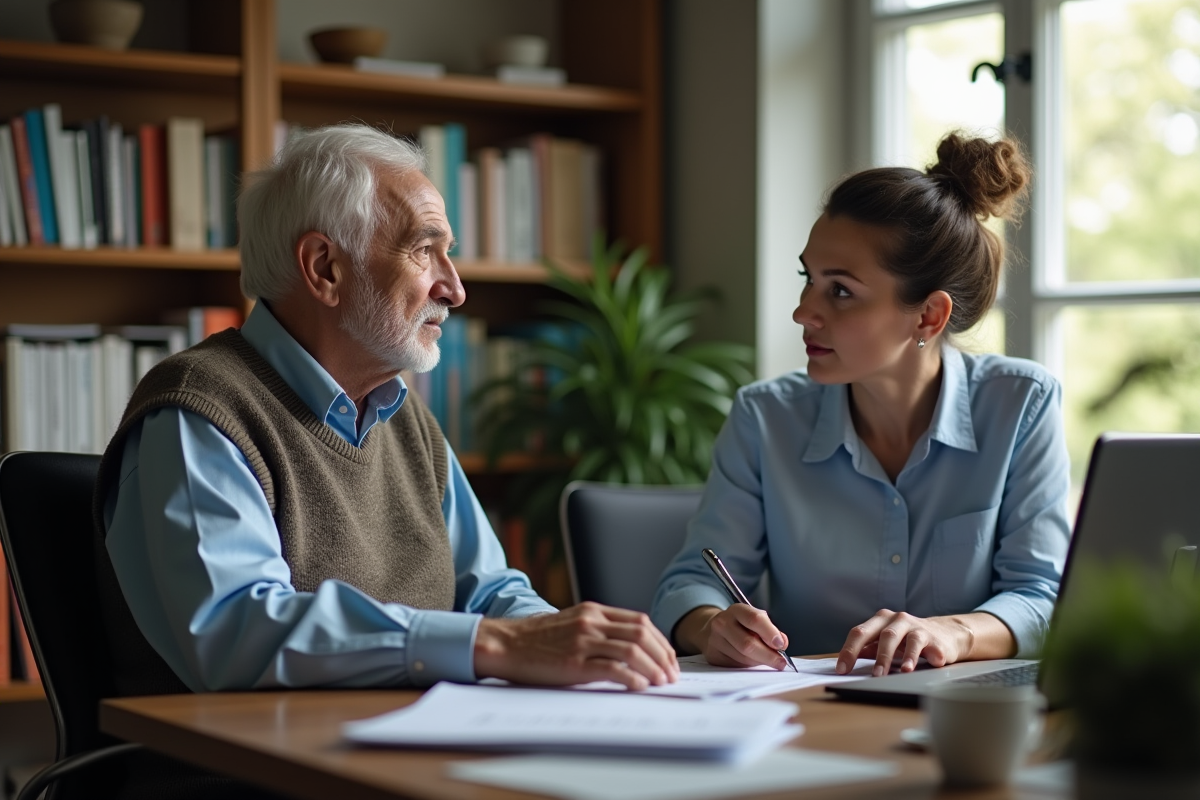 Travailleur social discutant avec un homme âgé dans un bureau