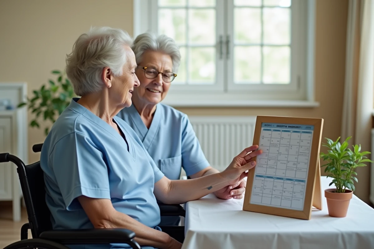 Aide-soignante aidant un senior à utiliser un calendrier orientant dans un établissement de soins