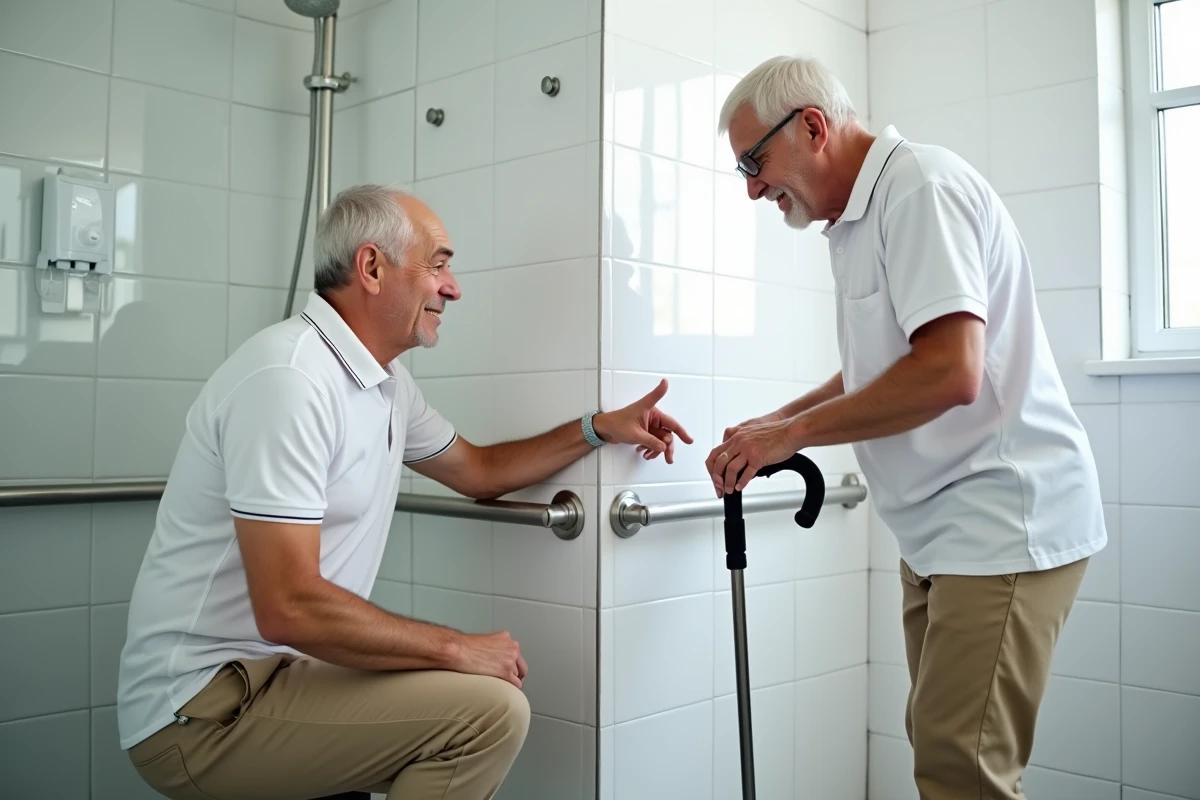 Ergothérapeute présentant les aménagements de salle de bain adaptés au maintien à domicile selon le niveau GIR
