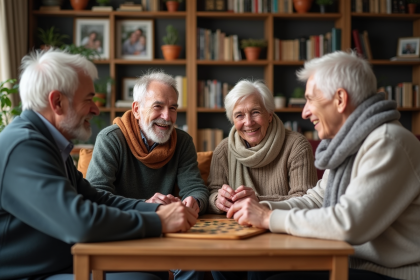 Groupe de quatre amis seniors jouant à un jeu de société dans un salon chaleureux