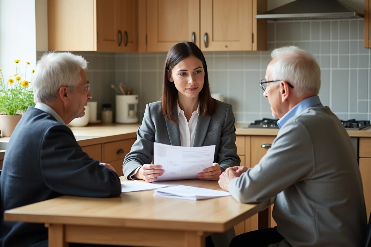 Assistante sociale évaluant le niveau GIR d'un couple de retraités pour déterminer leurs droits aux aides à domicile
