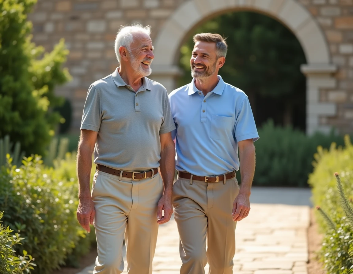 Un auxiliaire de vie accompagne un senior en promenade dans un jardin à Nîmes, service Ensemble-senior.fr