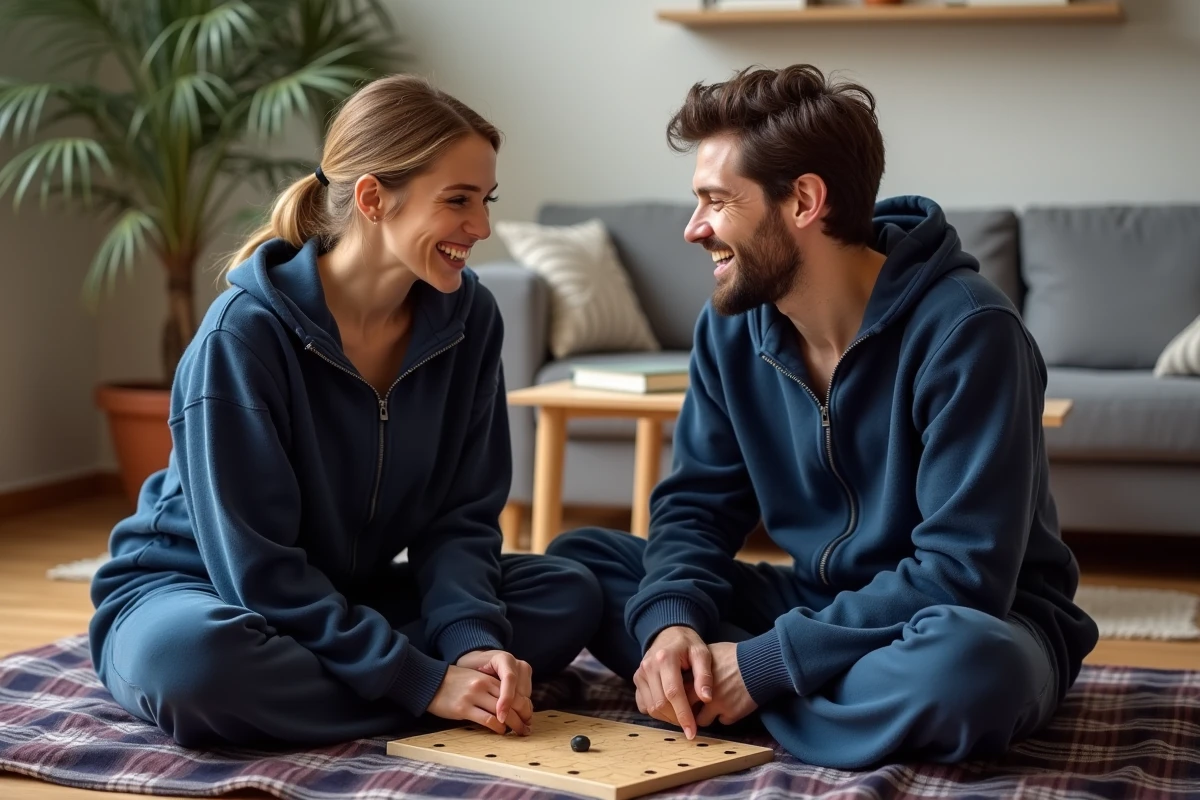 Couple d'adultes portant des babygros bleu marine assortis, assis par terre dans un appartement, jouant à un jeu de société en riant