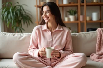 Femme adulte portant un babygro rose pastel en coton côtelé, assise sur un canapé beige dans un salon cosy avec plantes et étagères en bois