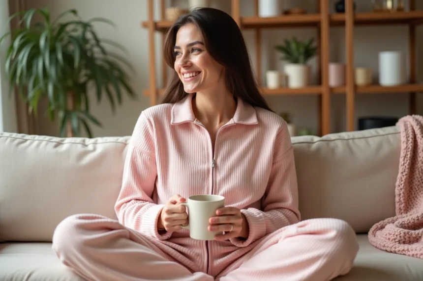 Femme adulte portant un babygro rose pastel en coton côtelé, assise sur un canapé beige dans un salon cosy avec plantes et étagères en bois