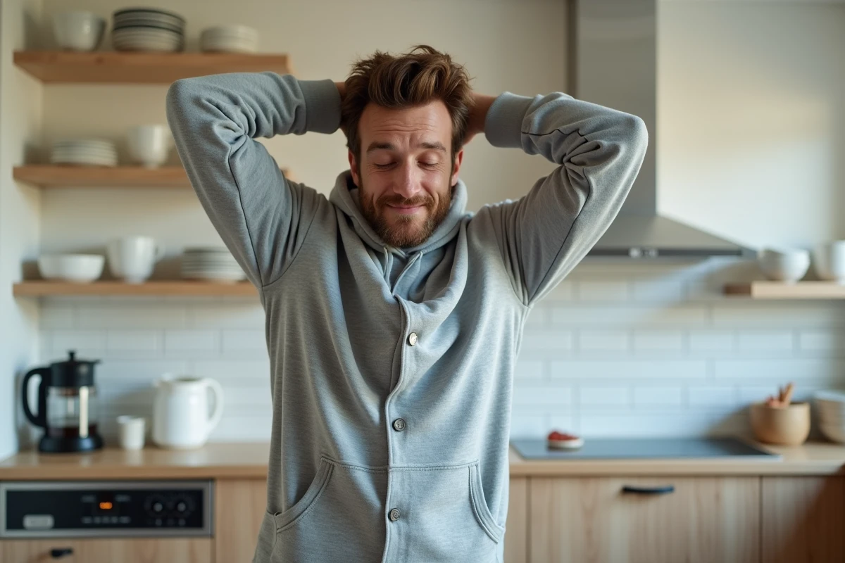 Homme adulte en combinaison pyjama grise avec boutons-pression, s'étirant dans une cuisine moderne au sol en bois clair un matin de week-end