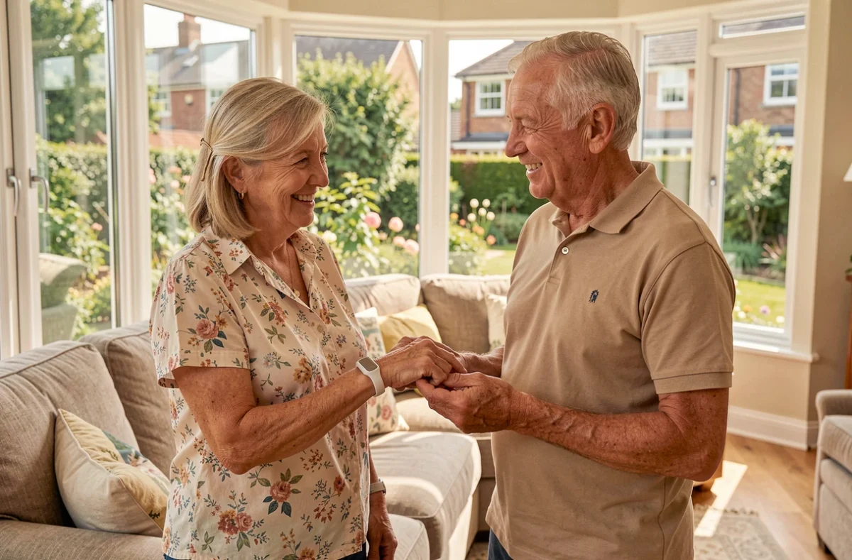 Couple de seniors discutant d'un bracelet anti-chute sans abonnement dans un salon lumineux avec vue sur jardin