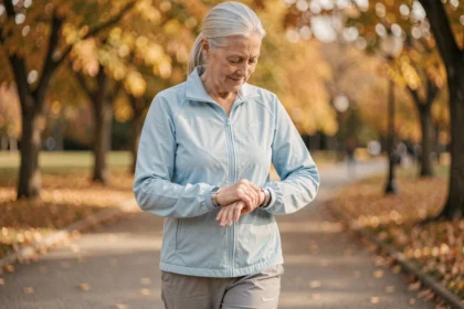 Femme senior active portant un bracelet anti-chute sans abonnement lors d'une promenade dans un parc en automne