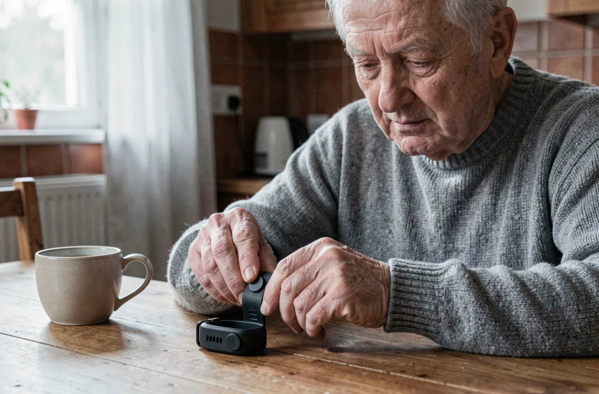 Senior homme examinant un bracelet anti-chute connecté sans abonnement posé sur une table en bois dans une cuisine