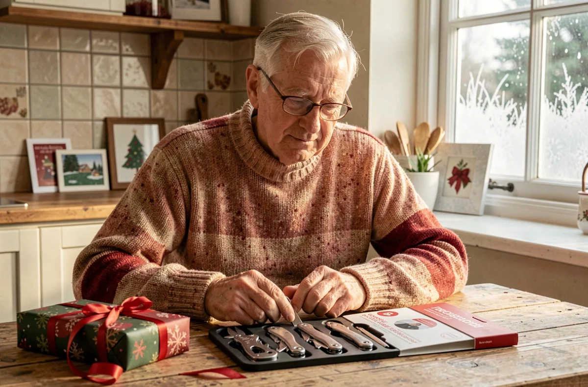 Homme de 60 ans en pull découvrant un coffret d'outils comme cadeau de Noël bricoleur à la maison