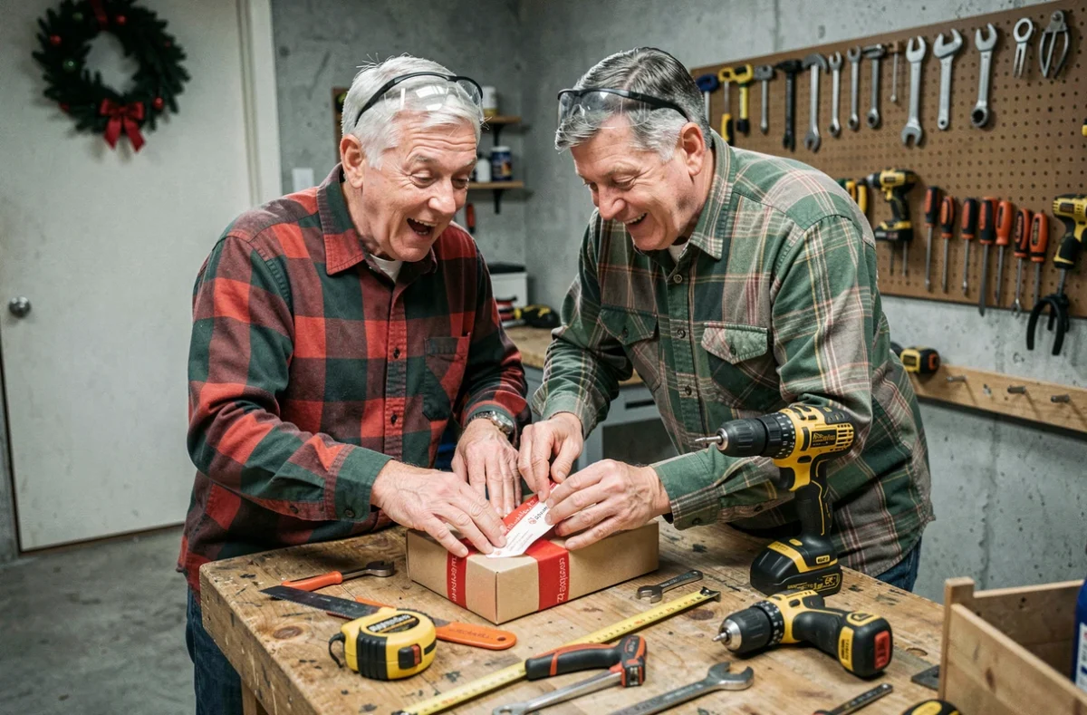 Homme bricoleur de 60 ans découvrant son cadeau de Noël dans un atelier garage entouré d'outils