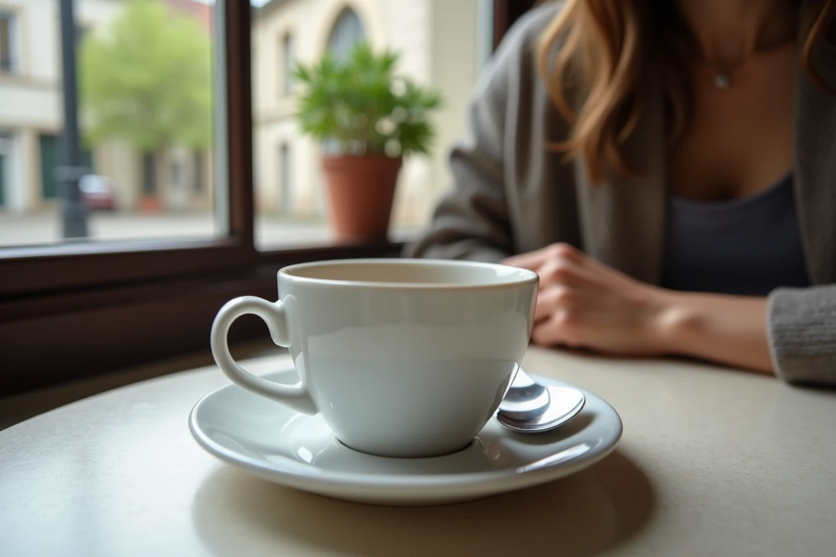 Tasse blanche et cuillère dans un café français authentique