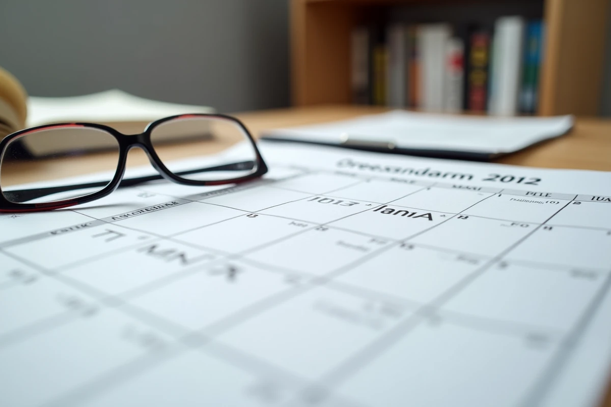 Gros plan sur un calendrier pour personnes désorientées posé sur un bureau avec des documents administratifs d'aide et de remboursement