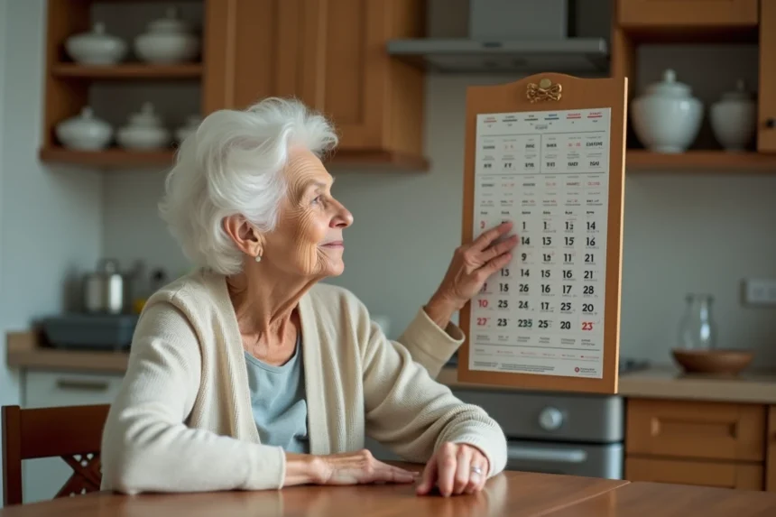 Femme âgée consultant un calendrier grand format pour personnes désorientées accroché dans sa cuisine