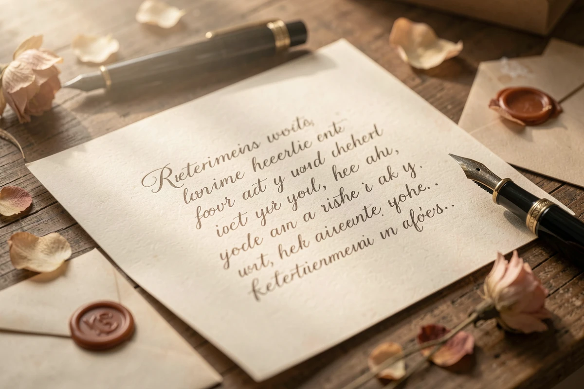 Gros plan sur une carte manuscrite avec des mots touchants pour un départ à la retraite, posée sur une table en bois avec un stylo plume et des pétales séchés