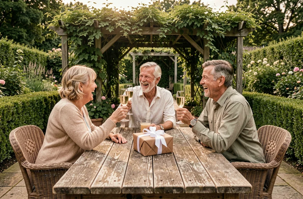 Groupe d'amis d'une cinquantaine d'années portant un toast en plein air autour d'un cadeau d'anniversaire sur une terrasse de jardin