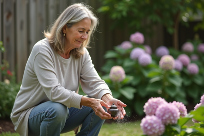 Femme d'âge moyen dispersant des cendres dans son jardin