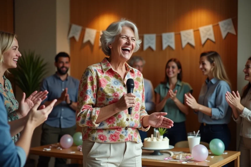 Femme retraitée souriante tenant un microphone lors d'une fête de départ en retraite entourée de collègues joyeux