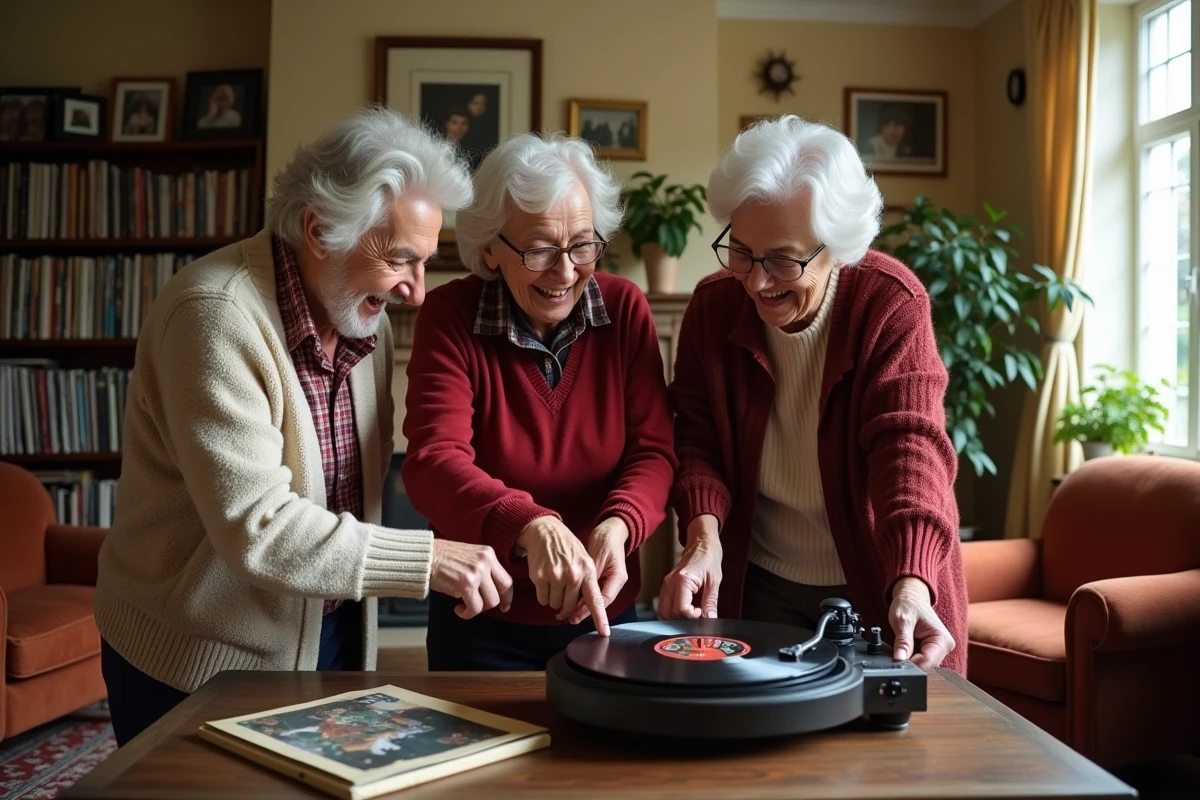 Groupe de futurs retraités autour d'un tourne-disque vinyle dans un salon chaleureux choisissant une chanson de retraite