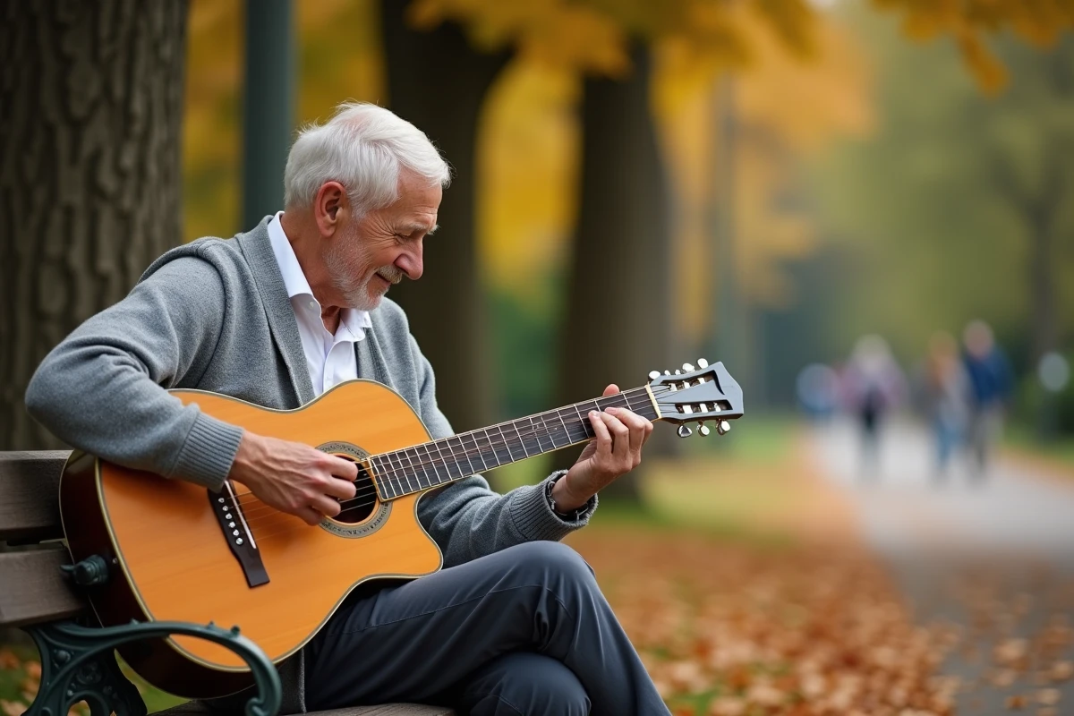 Homme retraité jouant de la guitare acoustique sur un banc dans un parc en automne avec des feuilles dorées