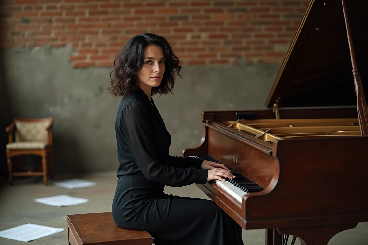 Femme chanteuse assise au piano dans un studio de répétition, évocation du parcours artistique et de la transformation au fil des années