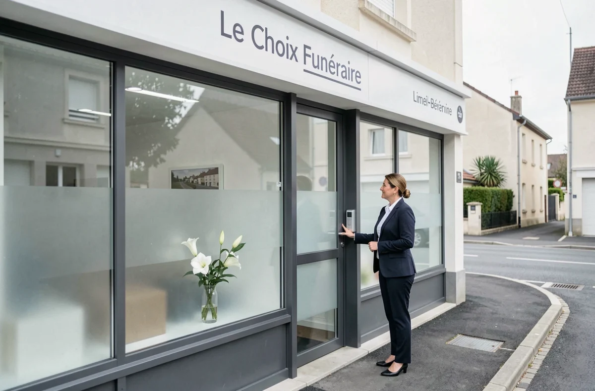 Devanture du Choix Funéraire Limeil-Brévannes, Ets Ioli, avec accueil d'un visiteur par une conseillère