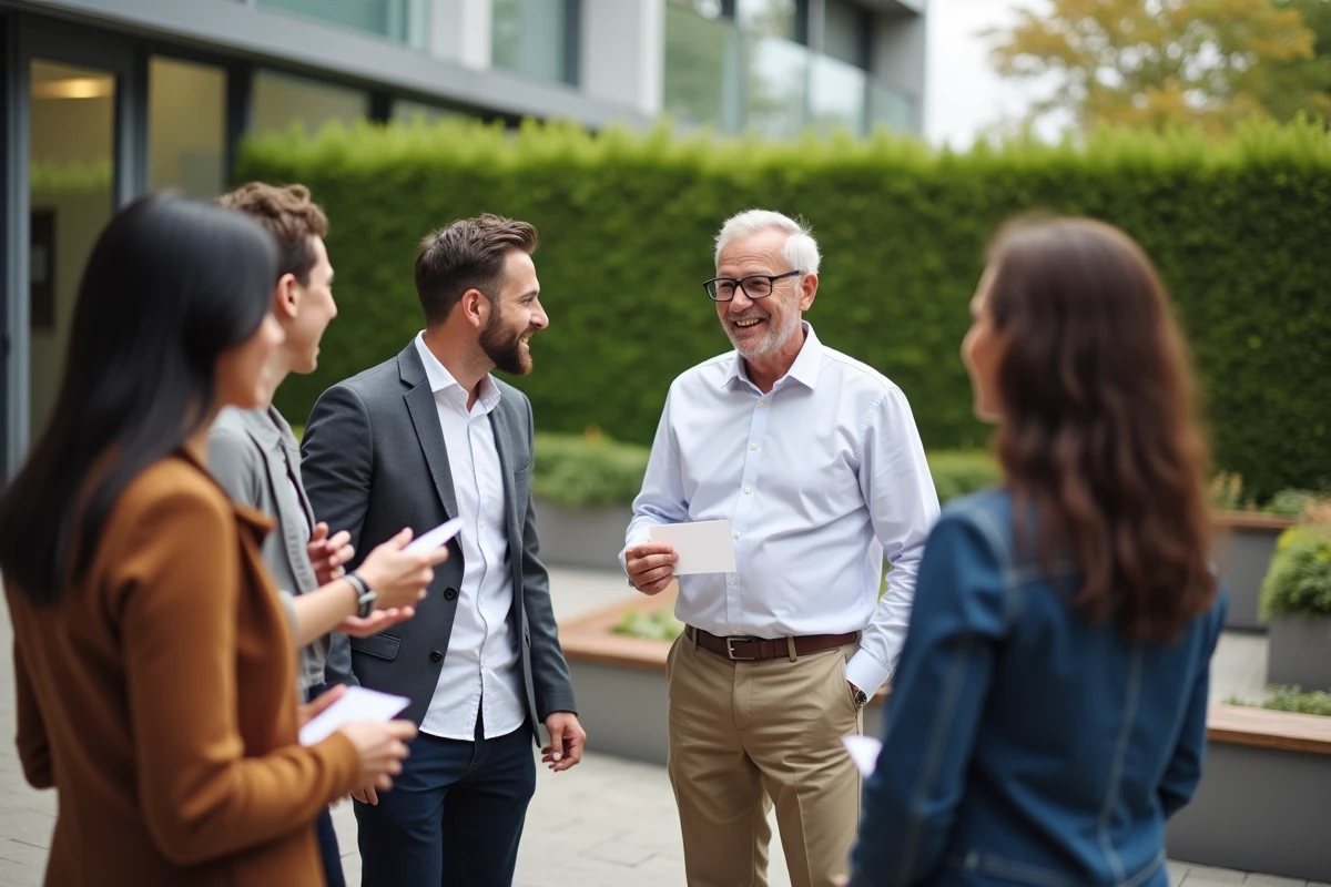 Collegues dehors autour d un homme avec carte d adieu
