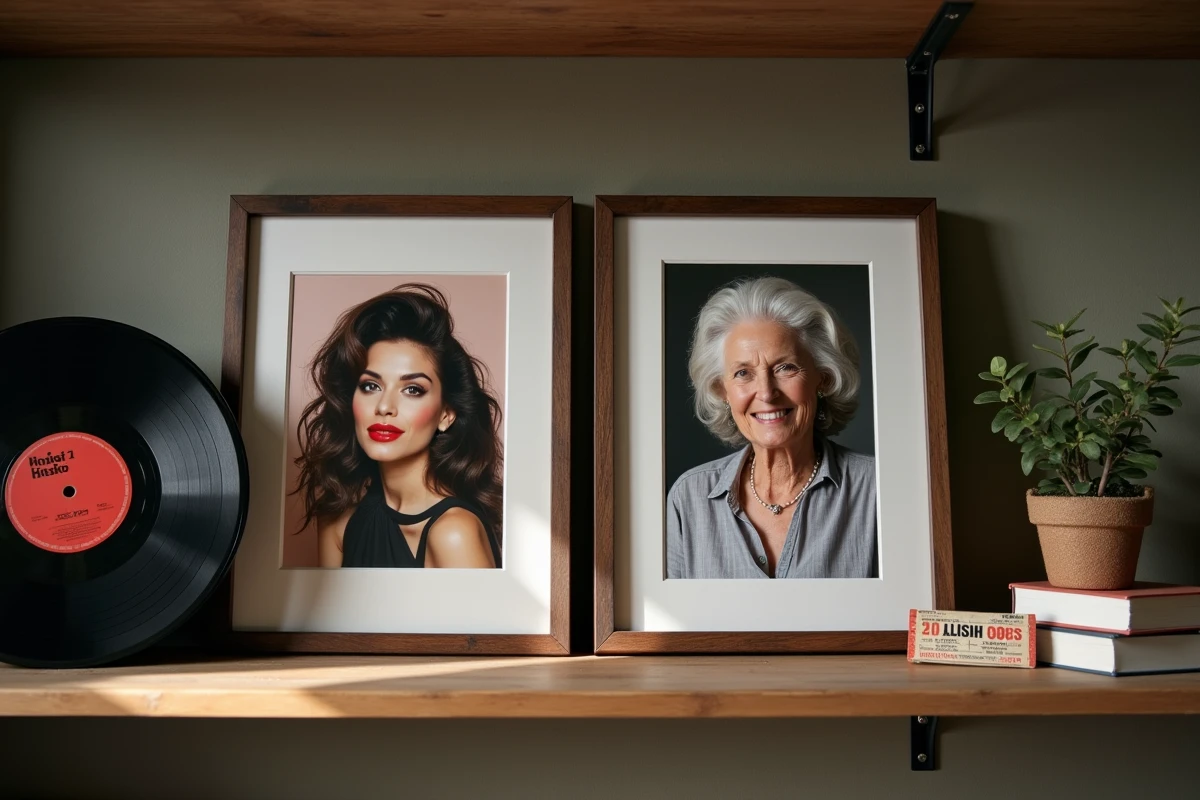 Comparaison avant-après de photos encadrées d'une chanteuse jeune et âgée posées sur une étagère en bois vintage