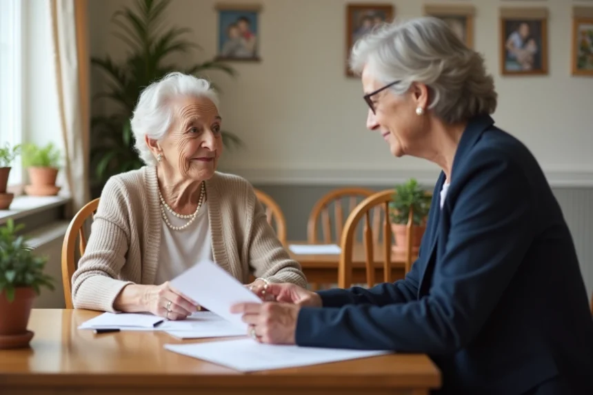 Une femme âgée et une conseillère discutent des options entre maison de retraite et EHPAD autour d'un document dans un salon chaleureux
