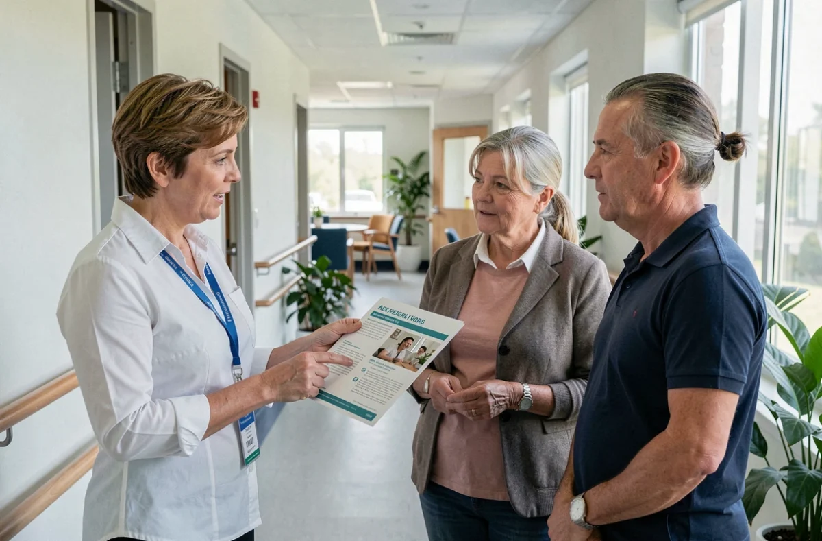 Une conseillère d'établissement présente une brochure de maison de retraite à un couple de proches dans un couloir de résidence