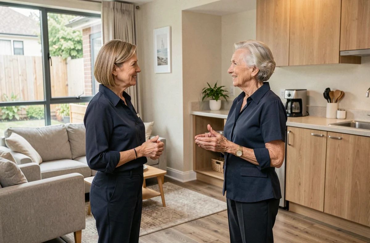 Conseillère de résidence senior présentant un appartement adapté à une future résidente autonome