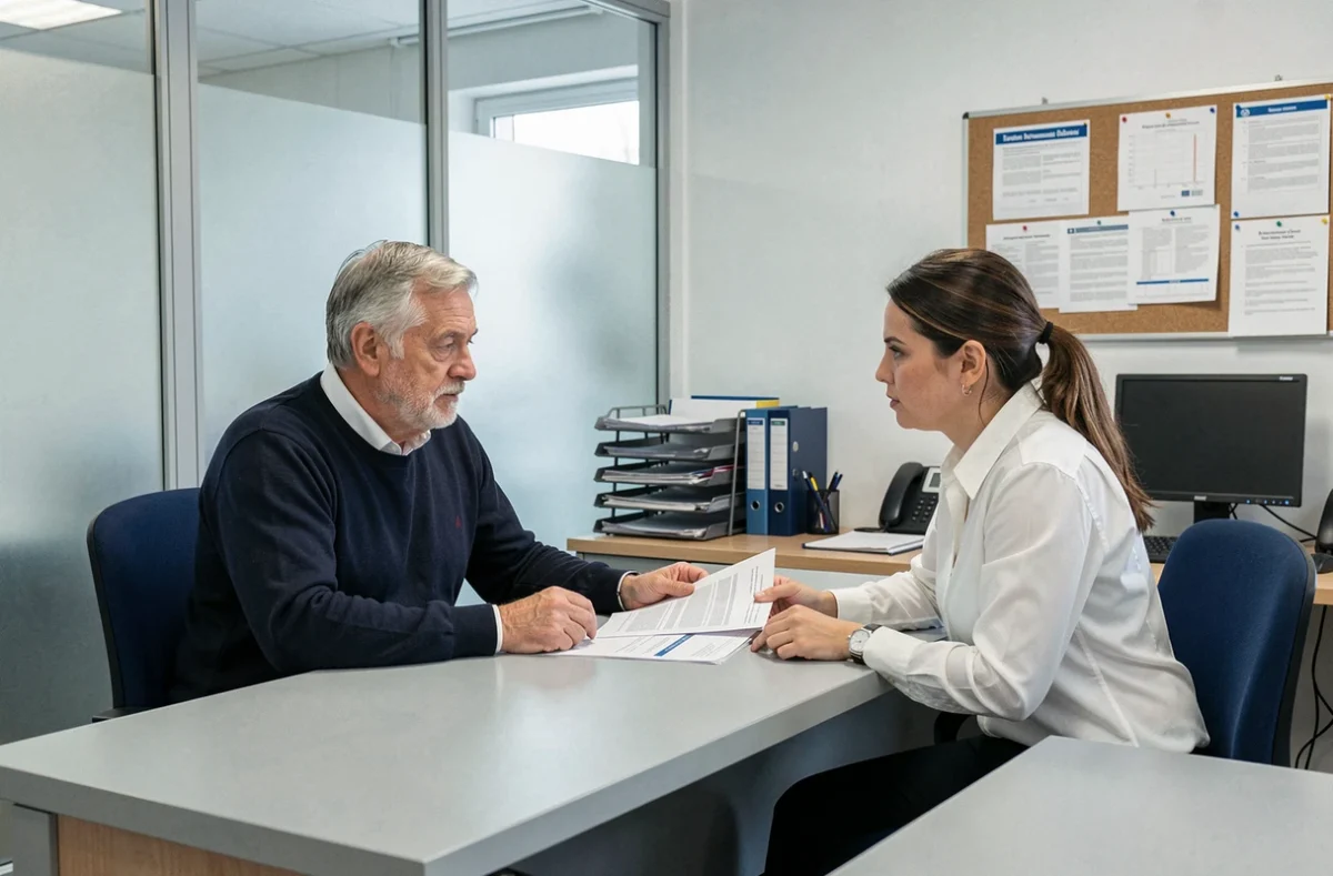 Homme consultant un conseiller en agence pour corriger un versement de pension d'invalidité incorrect