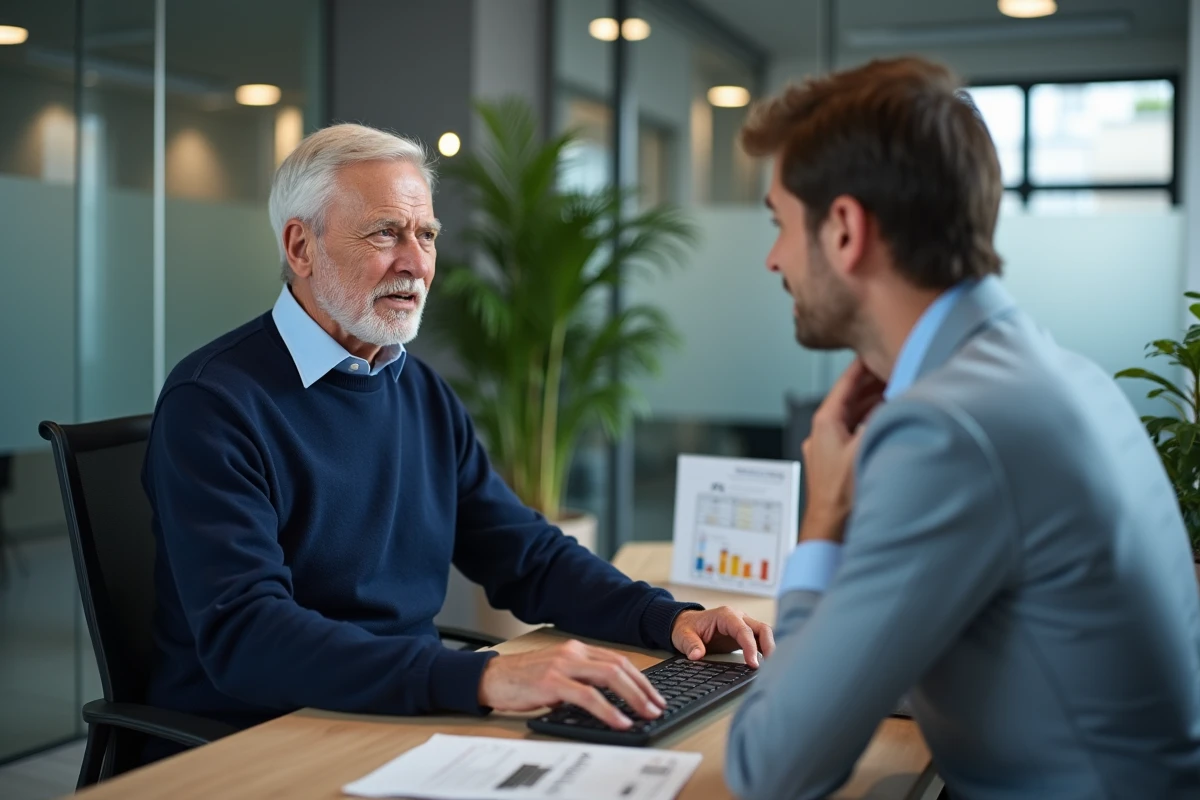 Homme senior en rendez-vous avec un conseiller retraite pour vérifier ses trimestres manquants sur son relevé de carrière