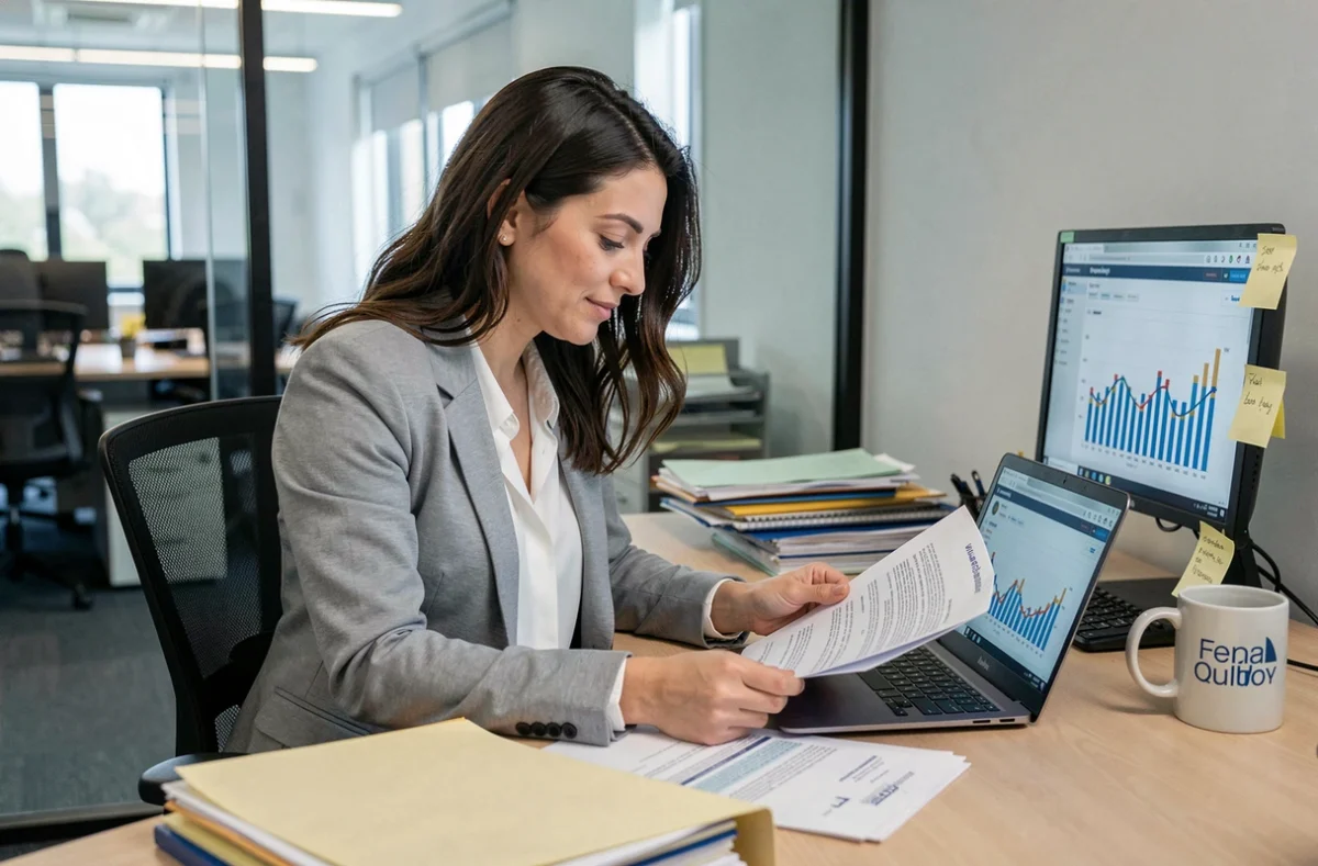 Coordinatrice de service à domicile analysant des rapports de qualité et des tableaux de bord numériques dans un bureau professionnel