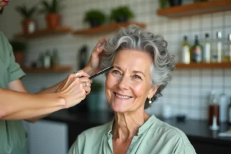 Femme âgée aux cheveux bouclés courts argentés dans un salon de coiffure, coupe soignée pour boucles délicates