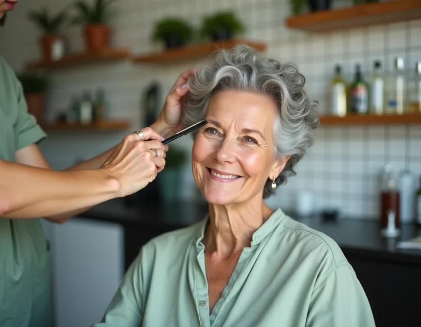 Femme âgée aux cheveux bouclés courts argentés dans un salon de coiffure, coupe soignée pour boucles délicates