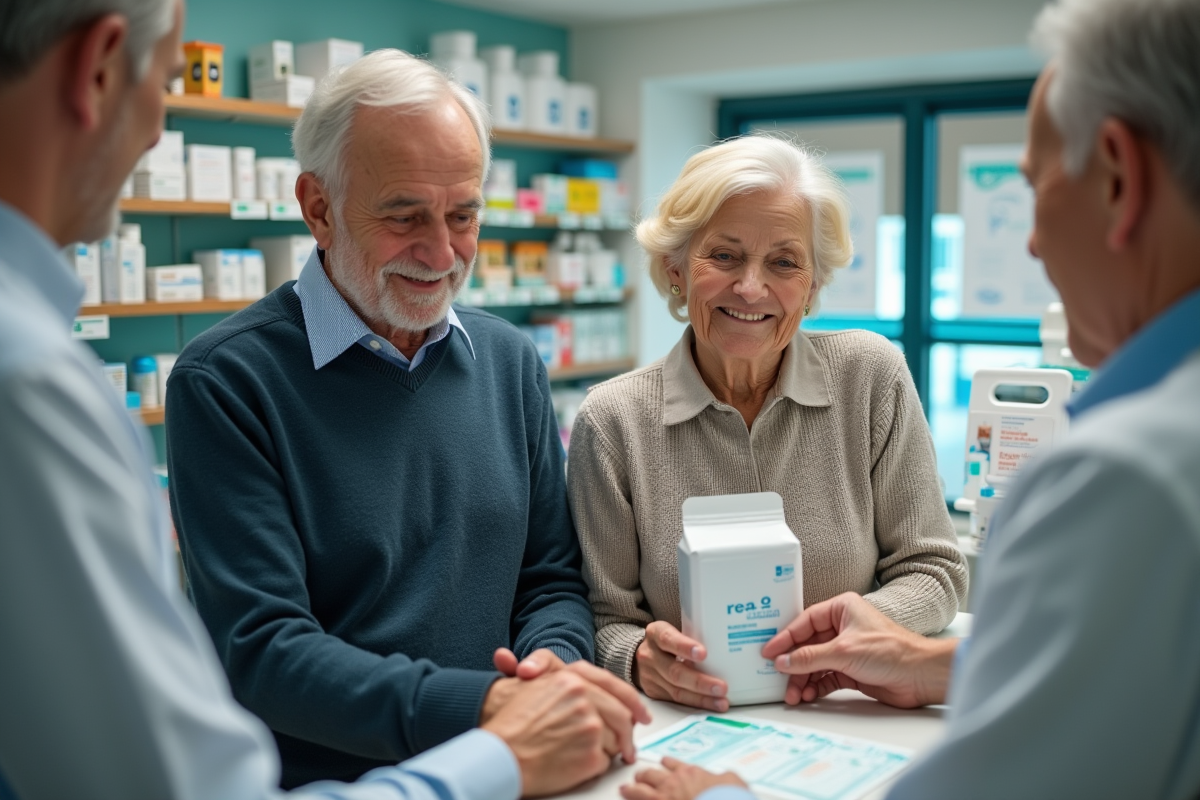 Couple âgé achetant des protections incontinence en pharmacie