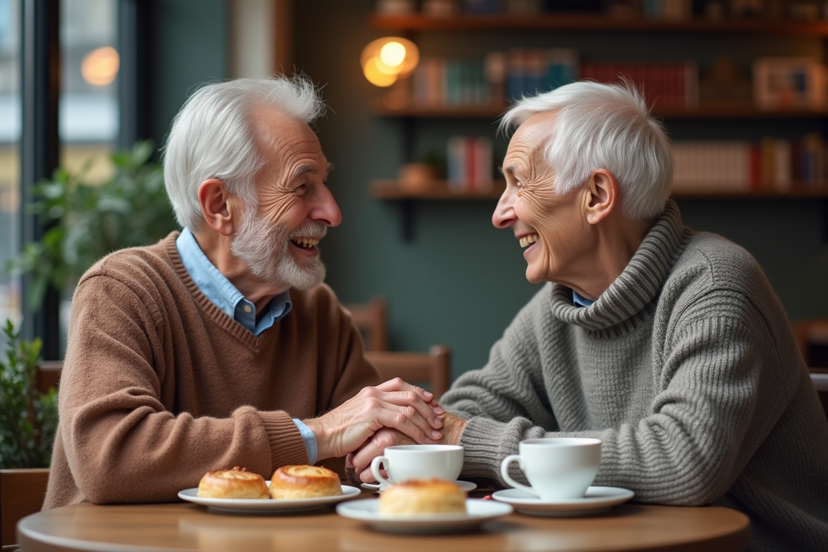 Couple retraité partageant un café