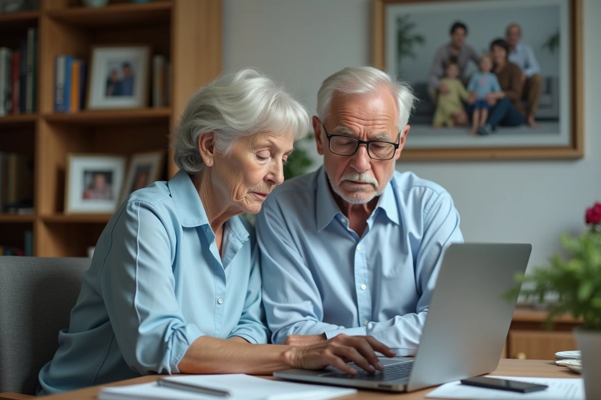 Couple de retraités consultant leurs impôts sur un ordinateur portable, représentant l'impact de l'abattement fiscal sur leurs revenus