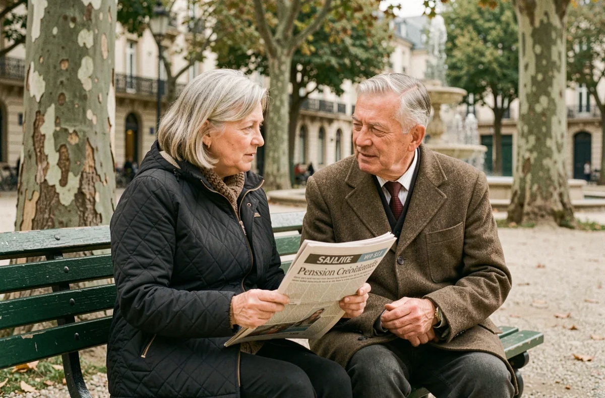 Un couple de retraités discute de l'impact de la réforme des retraites 2026 sur un banc dans un square français, tenant un journal