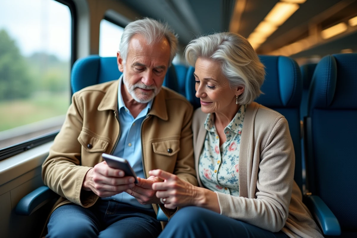 Couple de retraités SNCF consultant l'application mobile dans le train pour accéder à leurs avantages tarifaires 2026