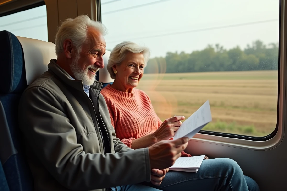 Couple de retraités SNCF consultant leur itinéraire de voyage dans un compartiment TGV